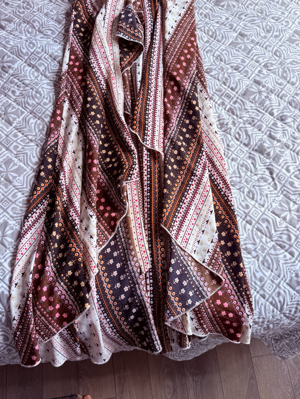 Boho Floral Stripe Maxi Skirt in Brown, Cream & Pink